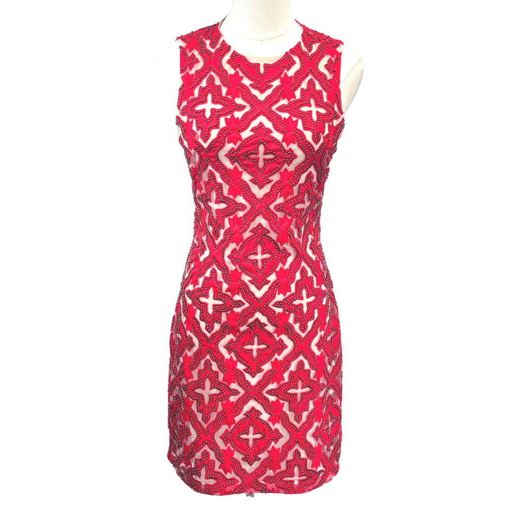 Alice + Olivia Mini Dress Red Beaded Studded Geometric Mesh Cocktail Clubwear 0